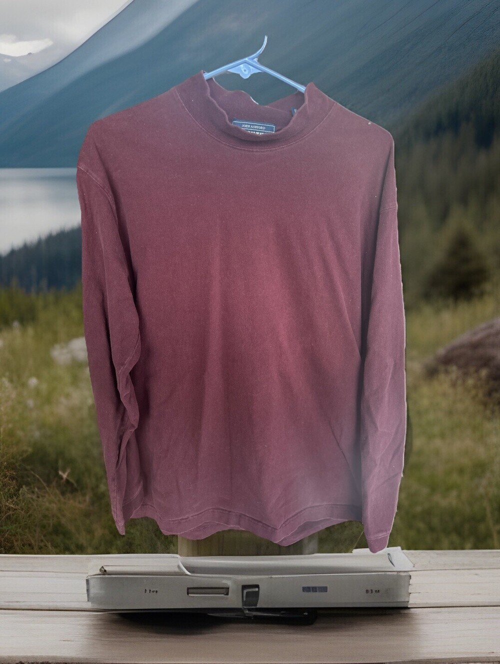 John Ashford Adventure Shirt Mens L Large Maroon Crew Neck Long Sleeve Tee VTG